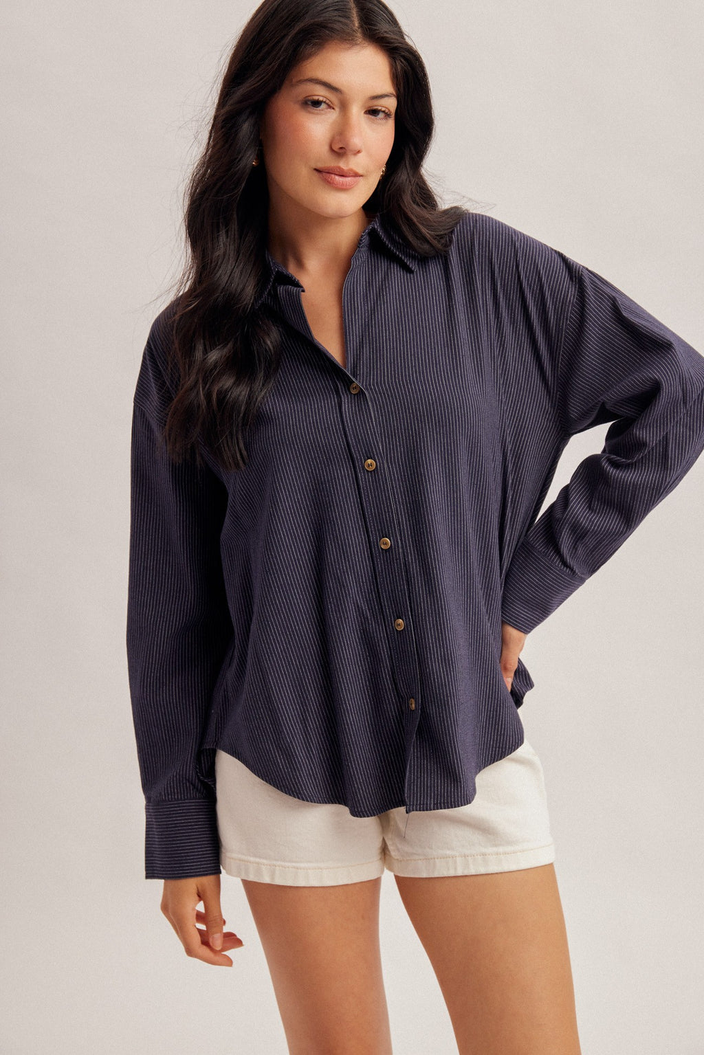 NAVY PINSTRIPE BOYFRIEND SHIRT