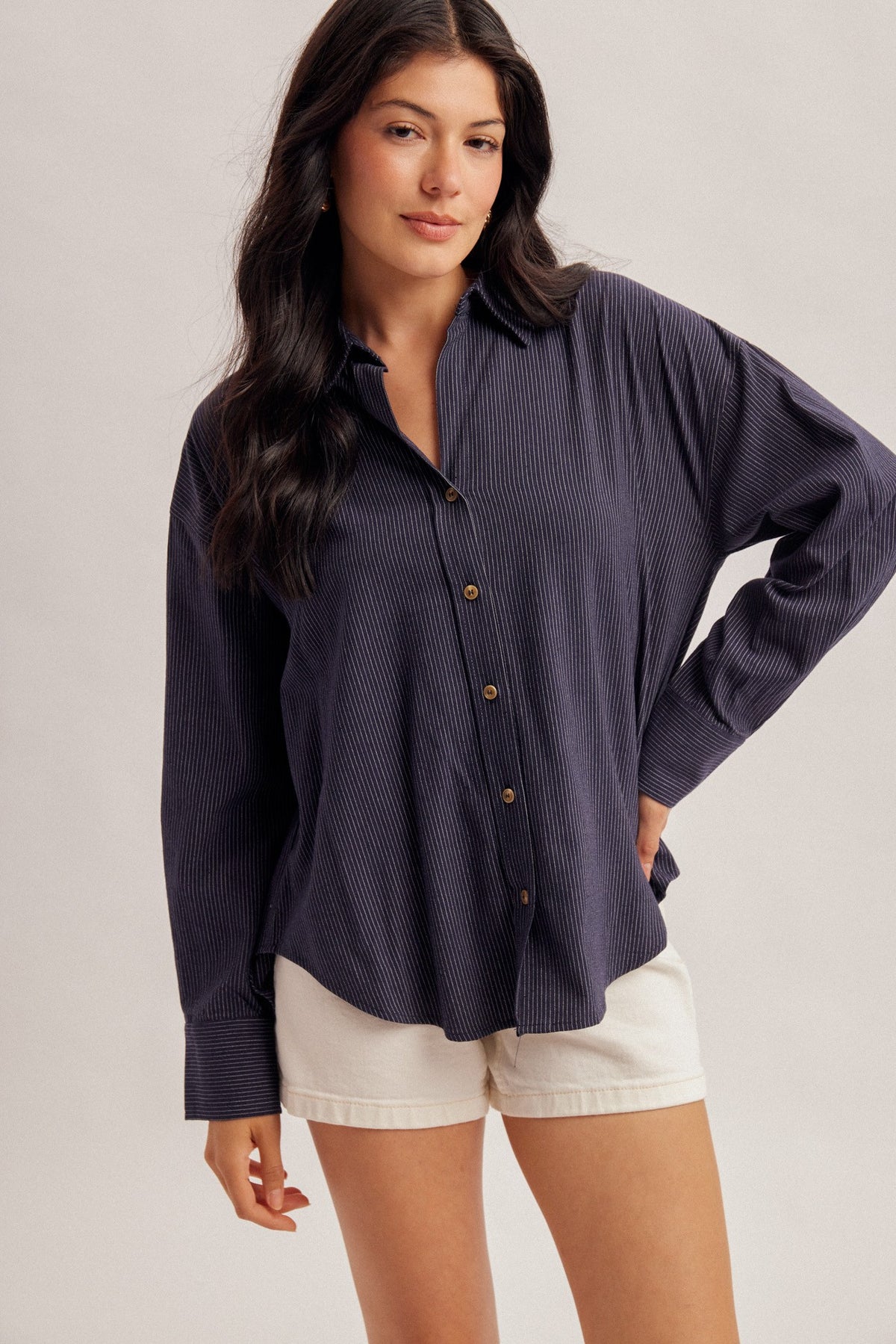 NAVY PINSTRIPE BOYFRIEND SHIRT