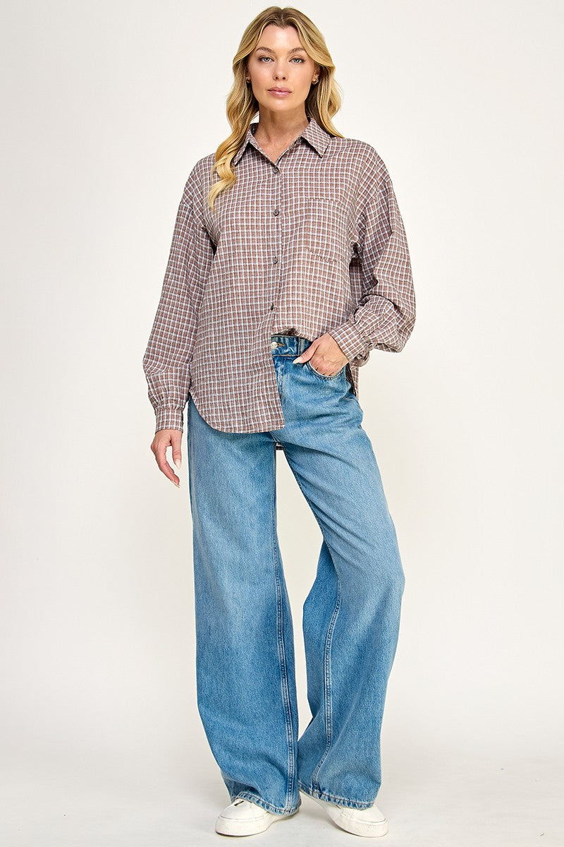 BROWN PLAID BUTTON DOWN BLOUSE