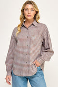 BROWN PLAID BUTTON DOWN BLOUSE