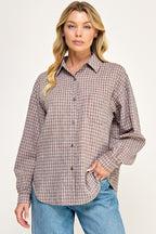 BROWN PLAID BUTTON DOWN BLOUSE
