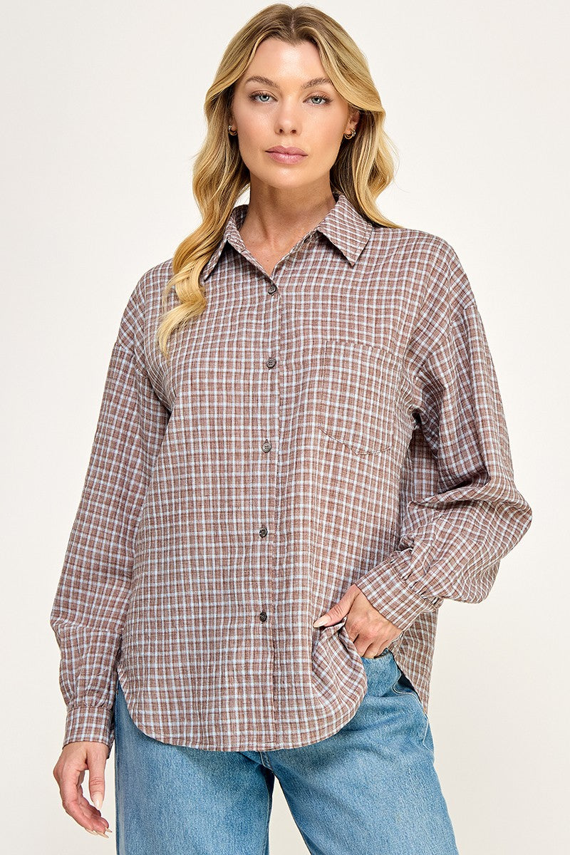 BROWN PLAID BUTTON DOWN BLOUSE
