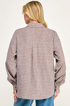 BROWN PLAID BUTTON DOWN BLOUSE