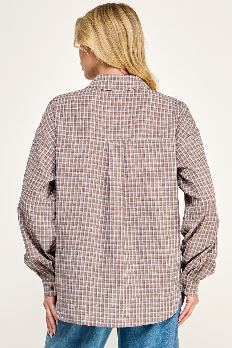 BROWN PLAID BUTTON DOWN BLOUSE