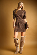 SUEDE BARREL SLEEVE SHIFT DRESS (COFFEE)