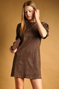 SUEDE BARREL SLEEVE SHIFT DRESS (COFFEE)