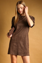SUEDE BARREL SLEEVE SHIFT DRESS (COFFEE)