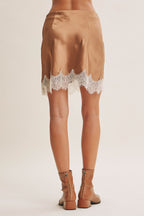 MOCHA MOONLIT SATIN LACE MINI SKIRT