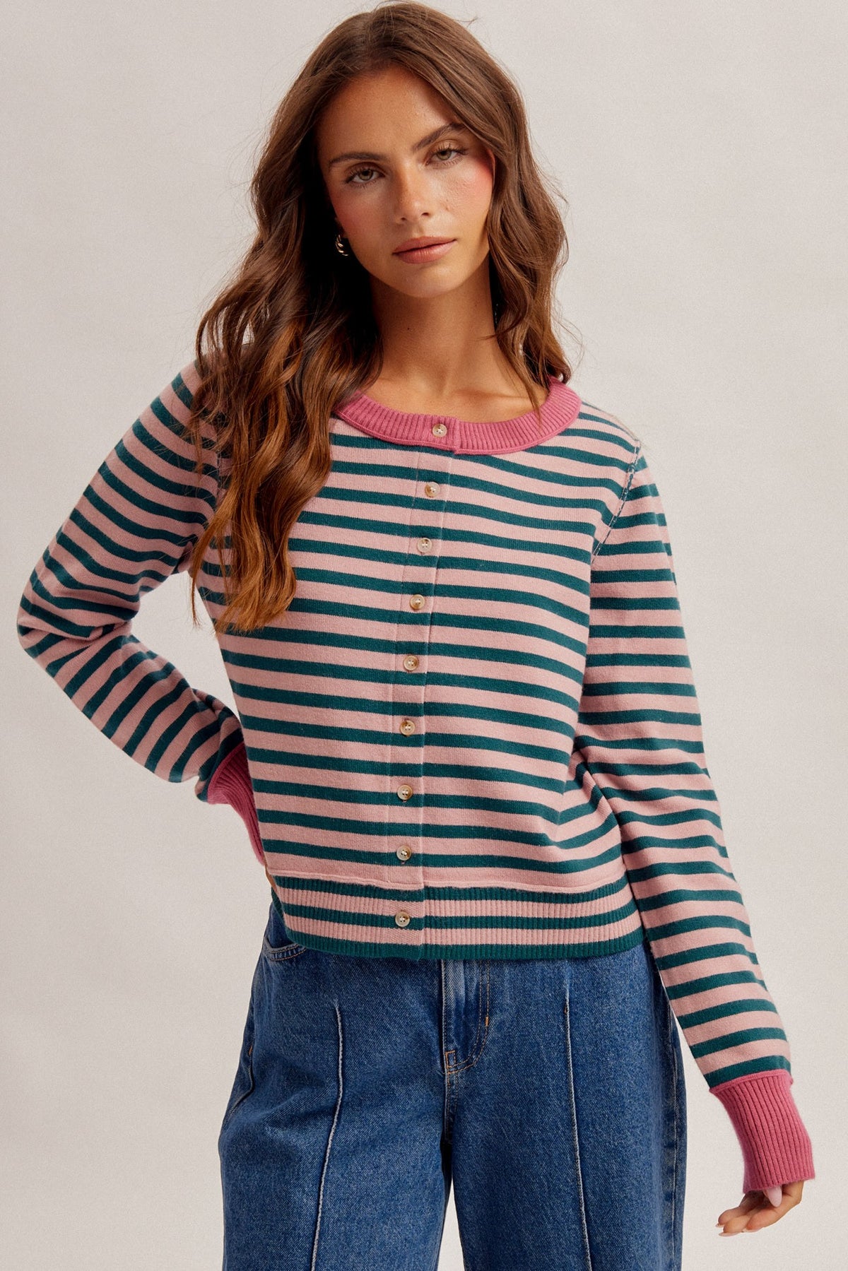 GREEN/ROSE STRIPE CARDIGAN