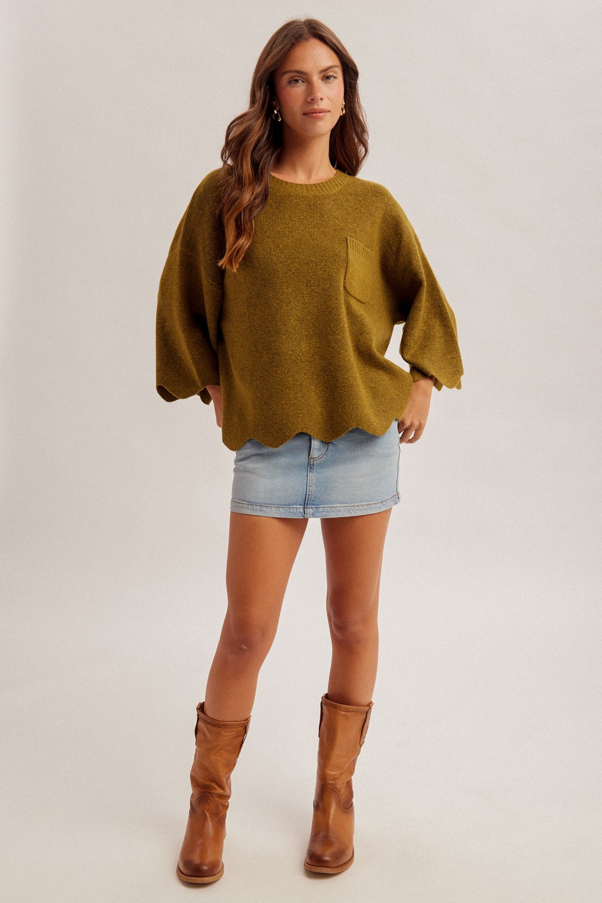 OLIVE SCALLOPED EDGE SWEATER