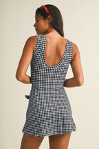 BLACK GINGHAM SLEEEVELESS FRONT TIE WRAP DRESS