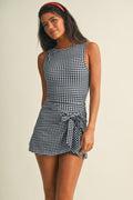 BLACK GINGHAM SLEEEVELESS FRONT TIE WRAP DRESS