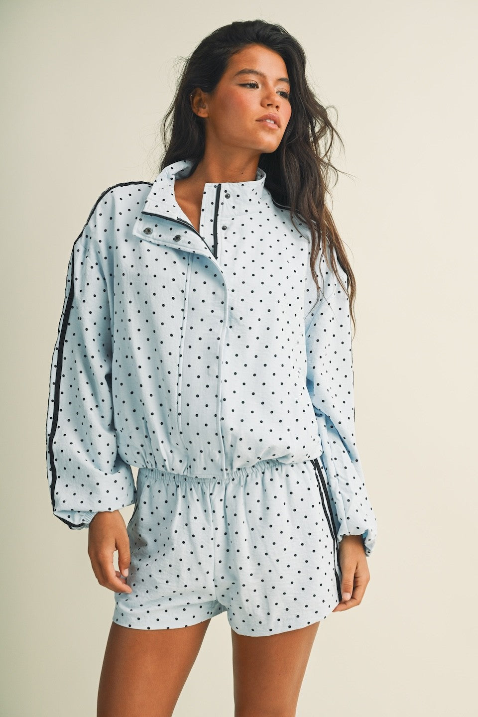 POLKA DOT SIDE STRIPE FUNNEL NECK JACKET (BLUE)