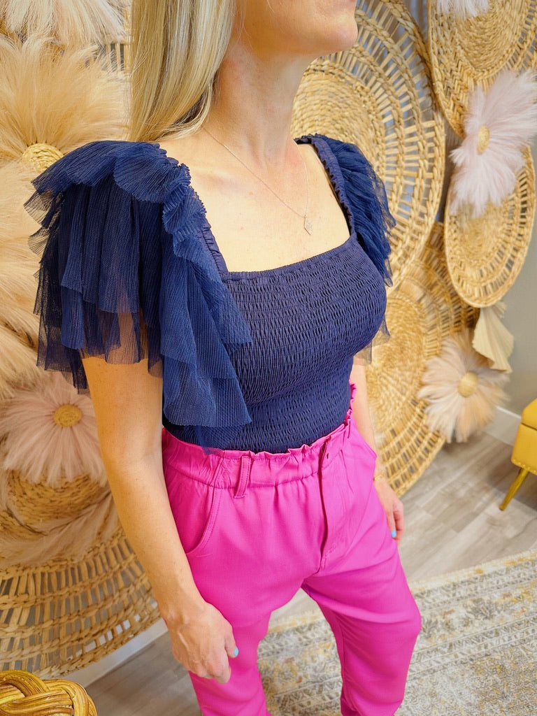 SMOCKED RUFFLE CROP TOP