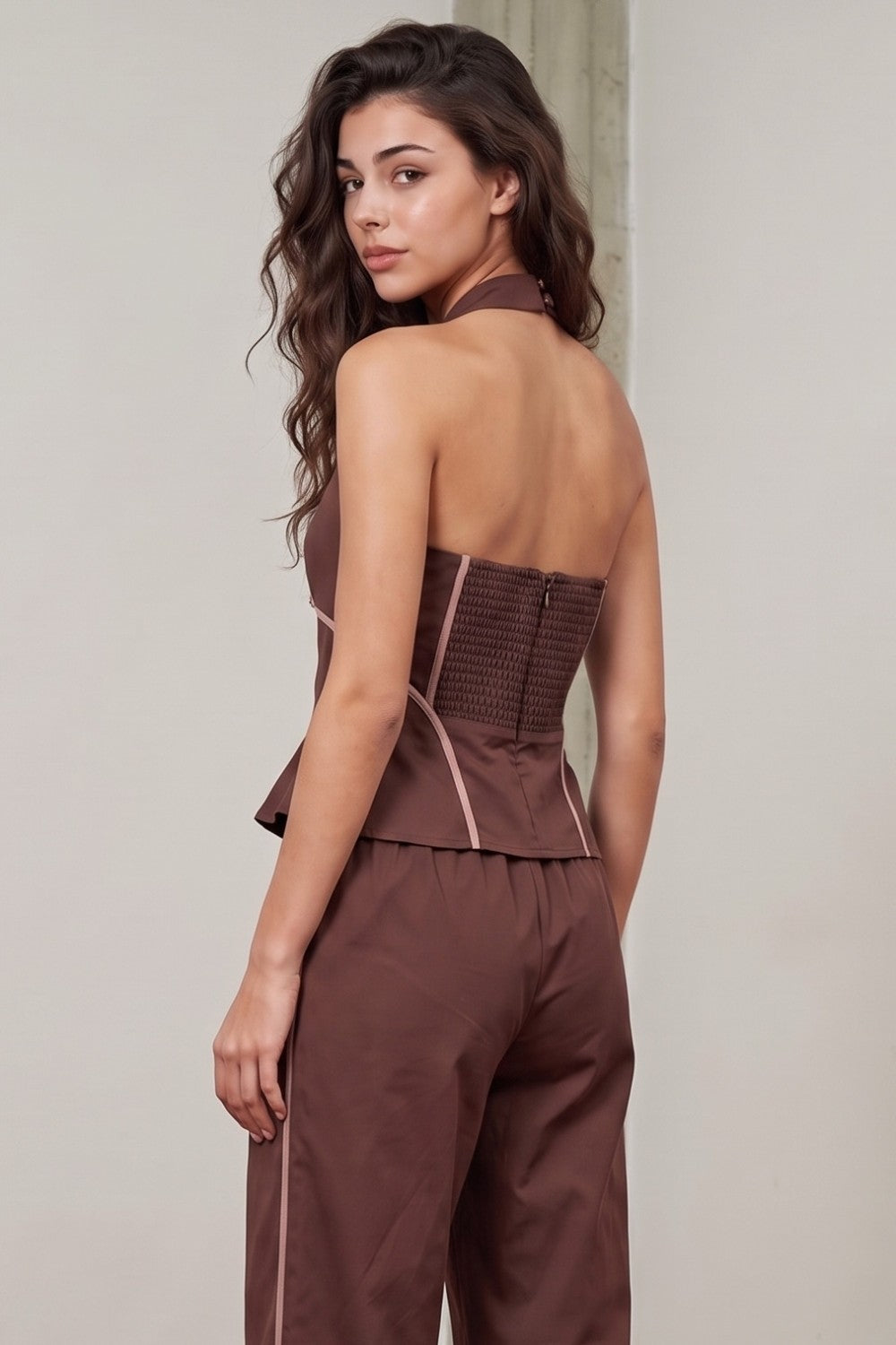 ESPRESSO PIPING DETAIL HALTER PEPLUM TOP