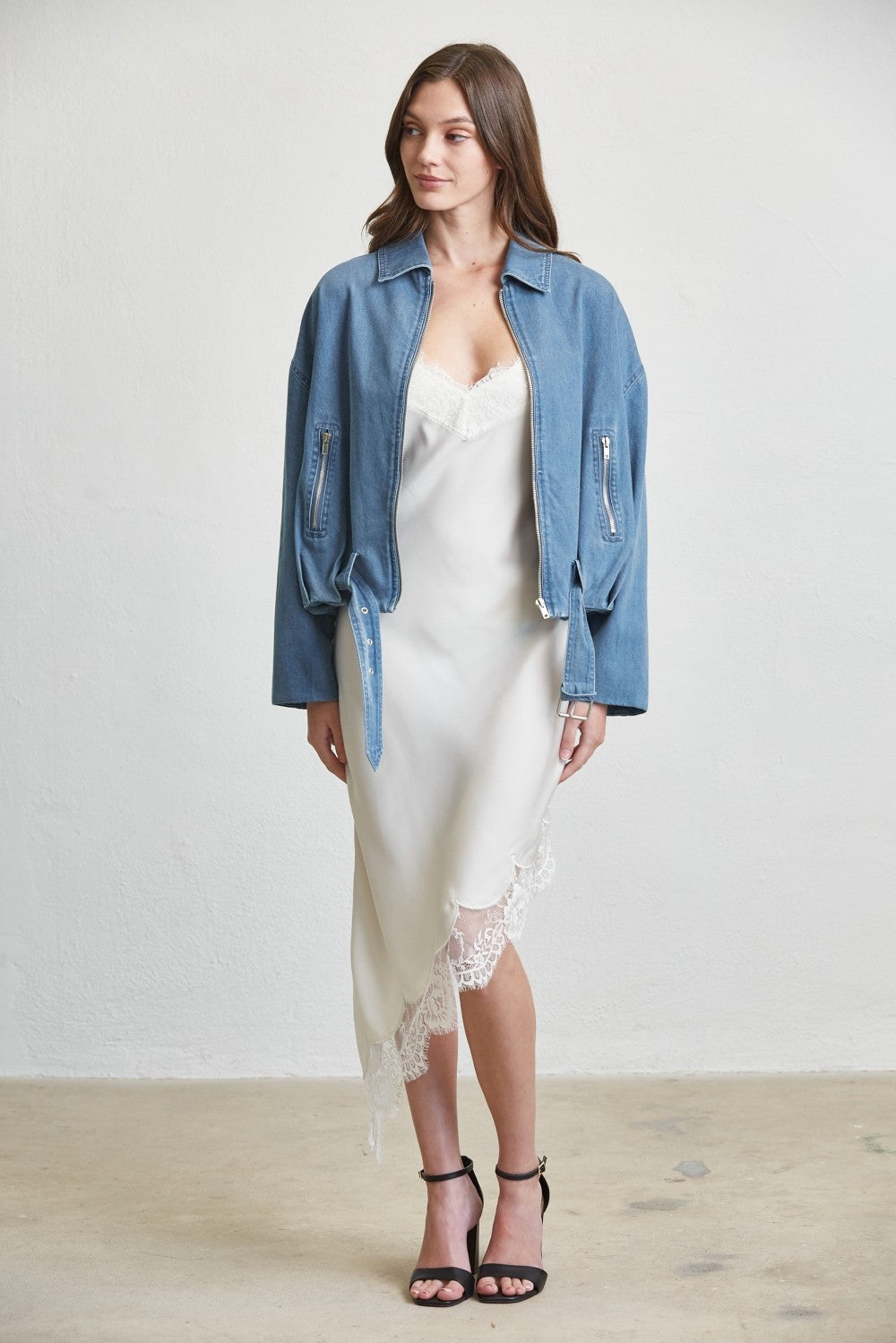 BUCKLED DENIM BOMBER JACKET
