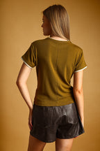 OLIVE/BEIGE 2K LAYERED SHORT SLEEVE TOP