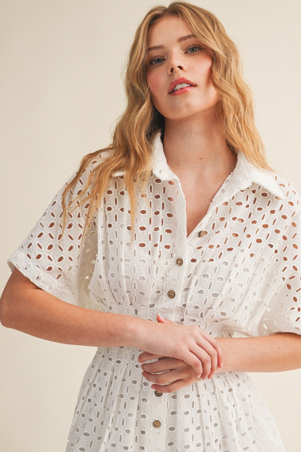 EYELET OVAL FRONT BUTTON SHIRT DRESS