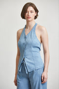 SIDE PLEAT HALTER DENIM TOP