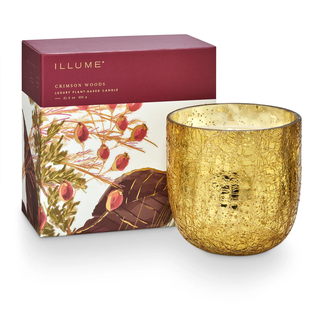 CRIMSON WOODS LARGE BOXED CRACKLE GLASS CANDLE