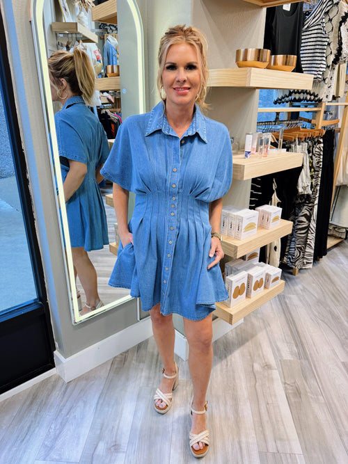 CHAMBRAY DENIM BUTTON PLEAT DRESS