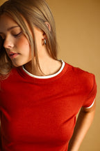 RUST/CREAM 2K LAYERED SHORT SLEEVE TOP