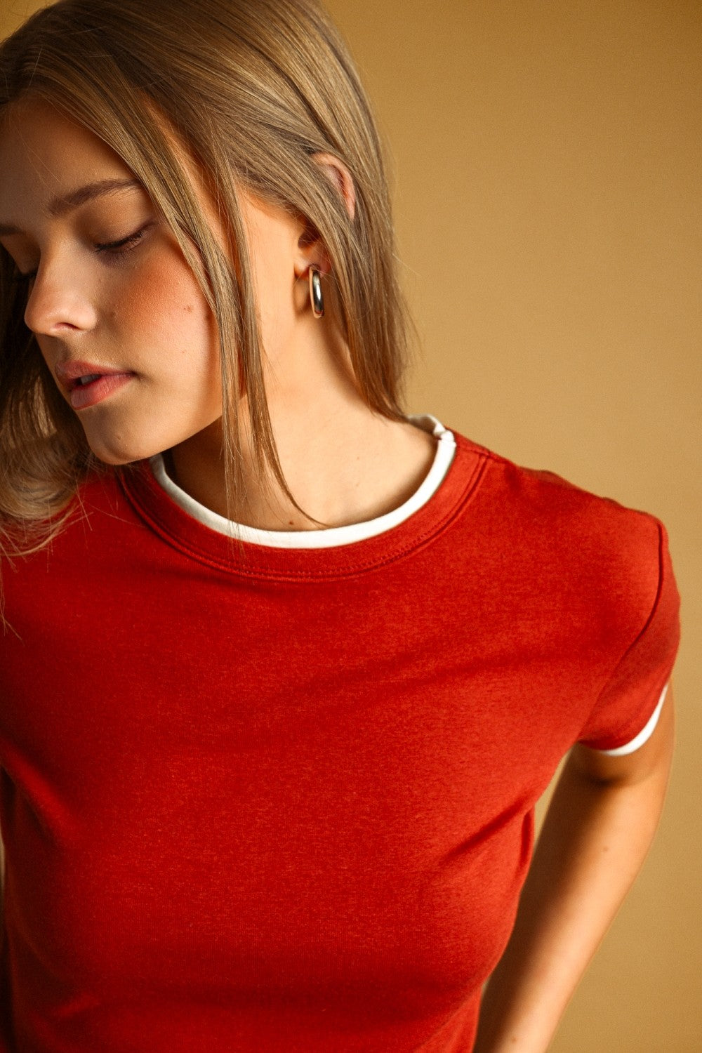 RUST/CREAM 2K LAYERED SHORT SLEEVE TOP
