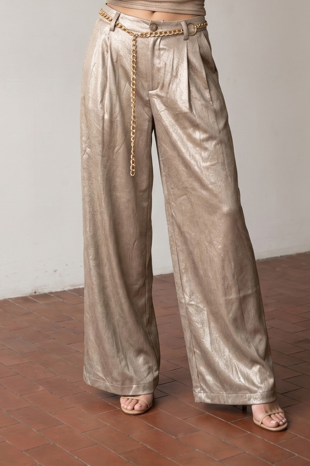 SHIMMER MOCHA SILVER FOILED SATIN PLEATED PANTS