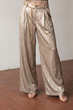 SHIMMER MOCHA SILVER FOILED SATIN PLEATED PANTS