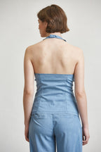 SIDE PLEAT HALTER DENIM TOP