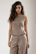 STRIPED TWILL PLEATED BOAT NECK TOP (LT. TAUPE)