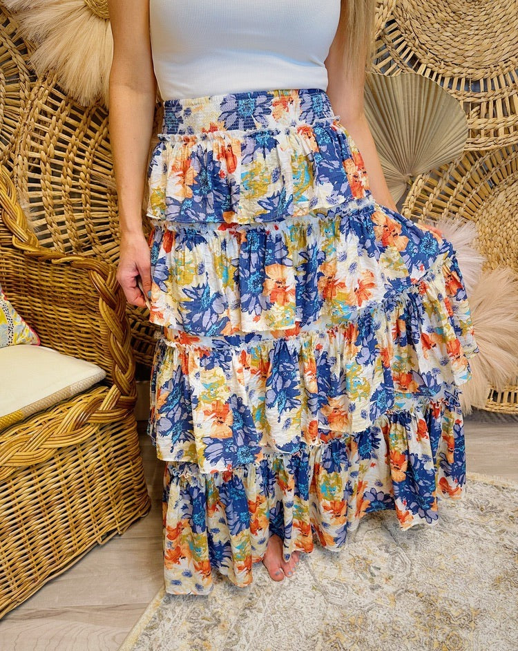 FLORAL TIERED MAXI SKIRT