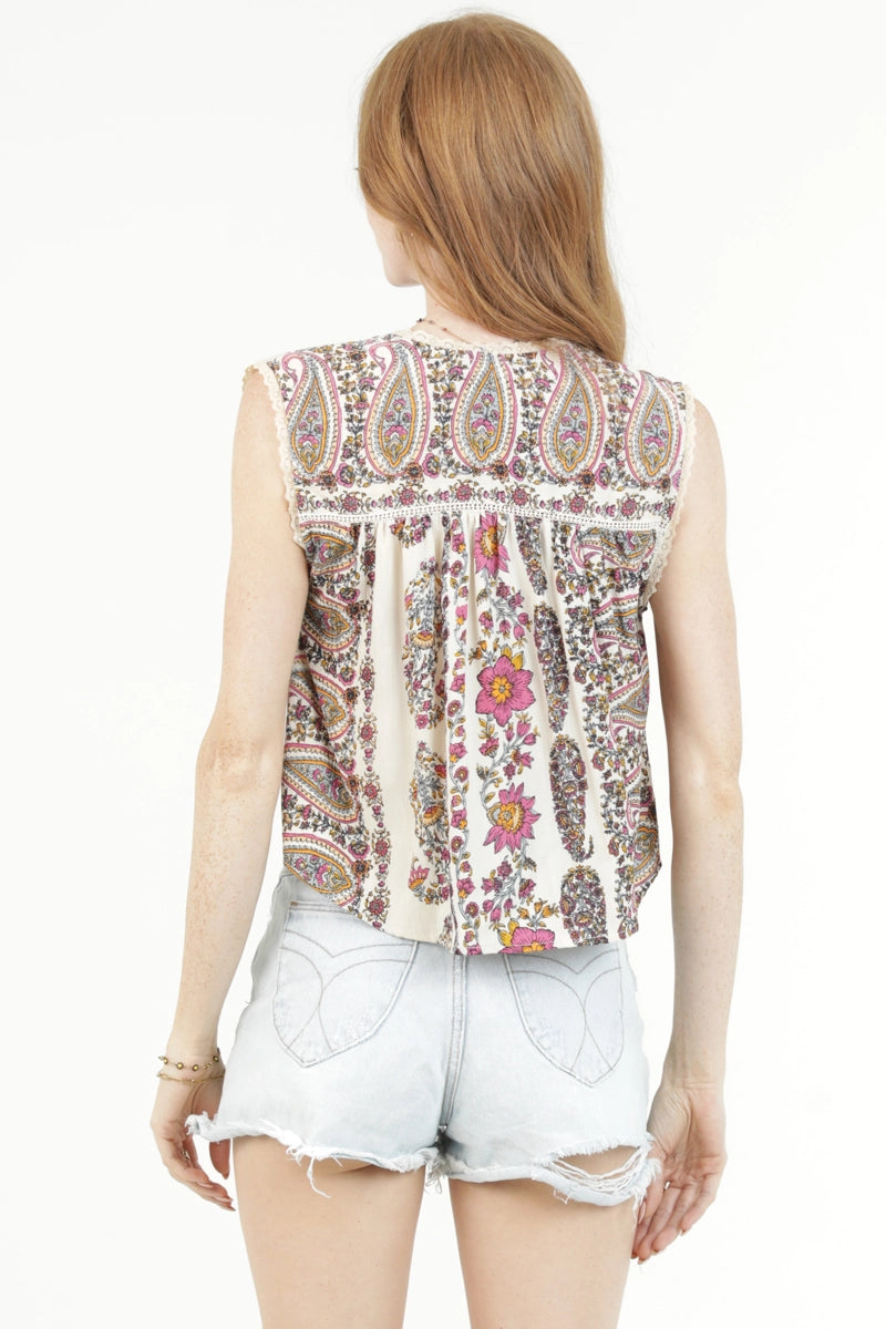 VNECK BUTTONED FLORAL TANK