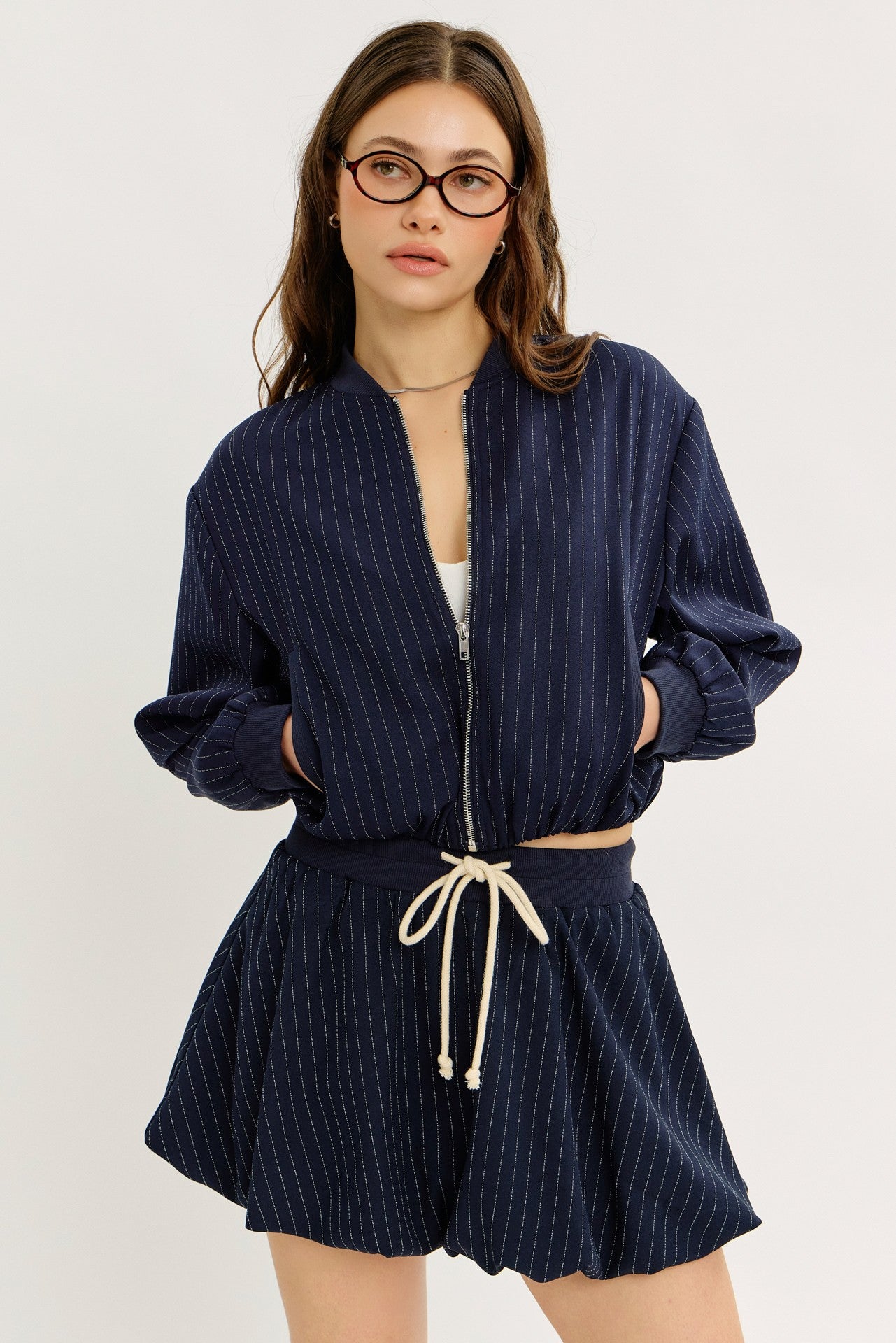 NAVY STRIPED BOMBER JACKET