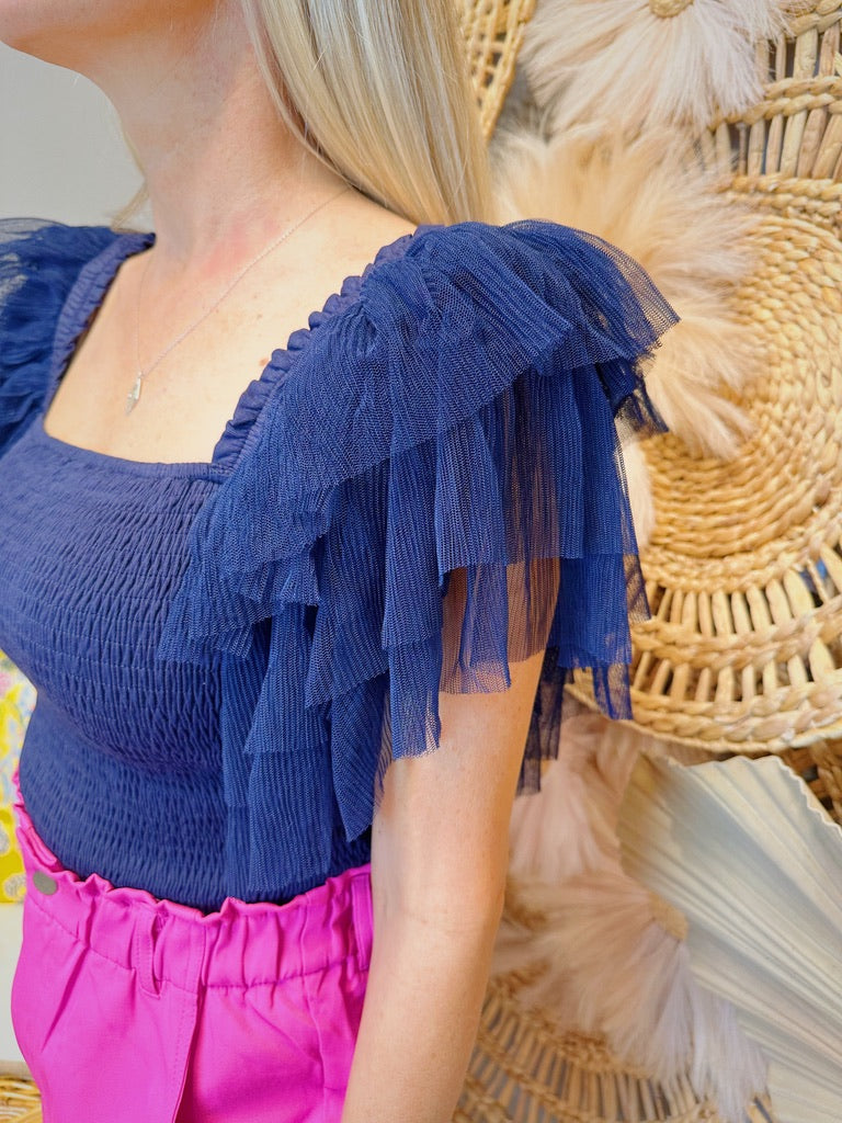 SMOCKED RUFFLE CROP TOP