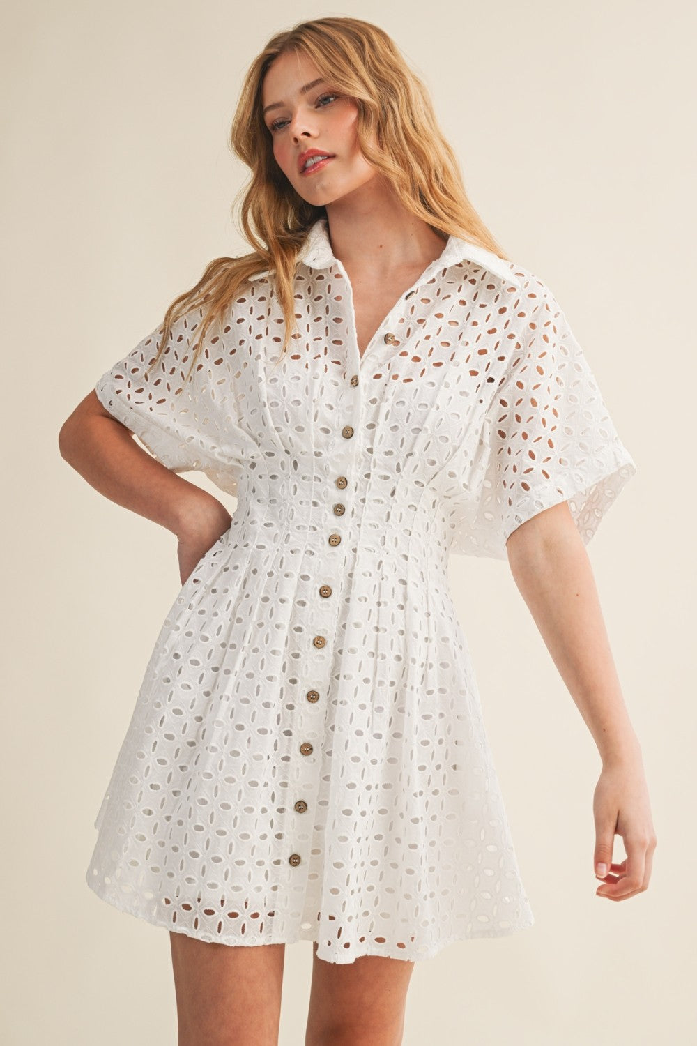EYELET OVAL FRONT BUTTON SHIRT DRESS