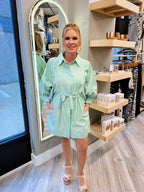 BIG PUFF MINI POPLIN DRESS (GREEN STRIPED)