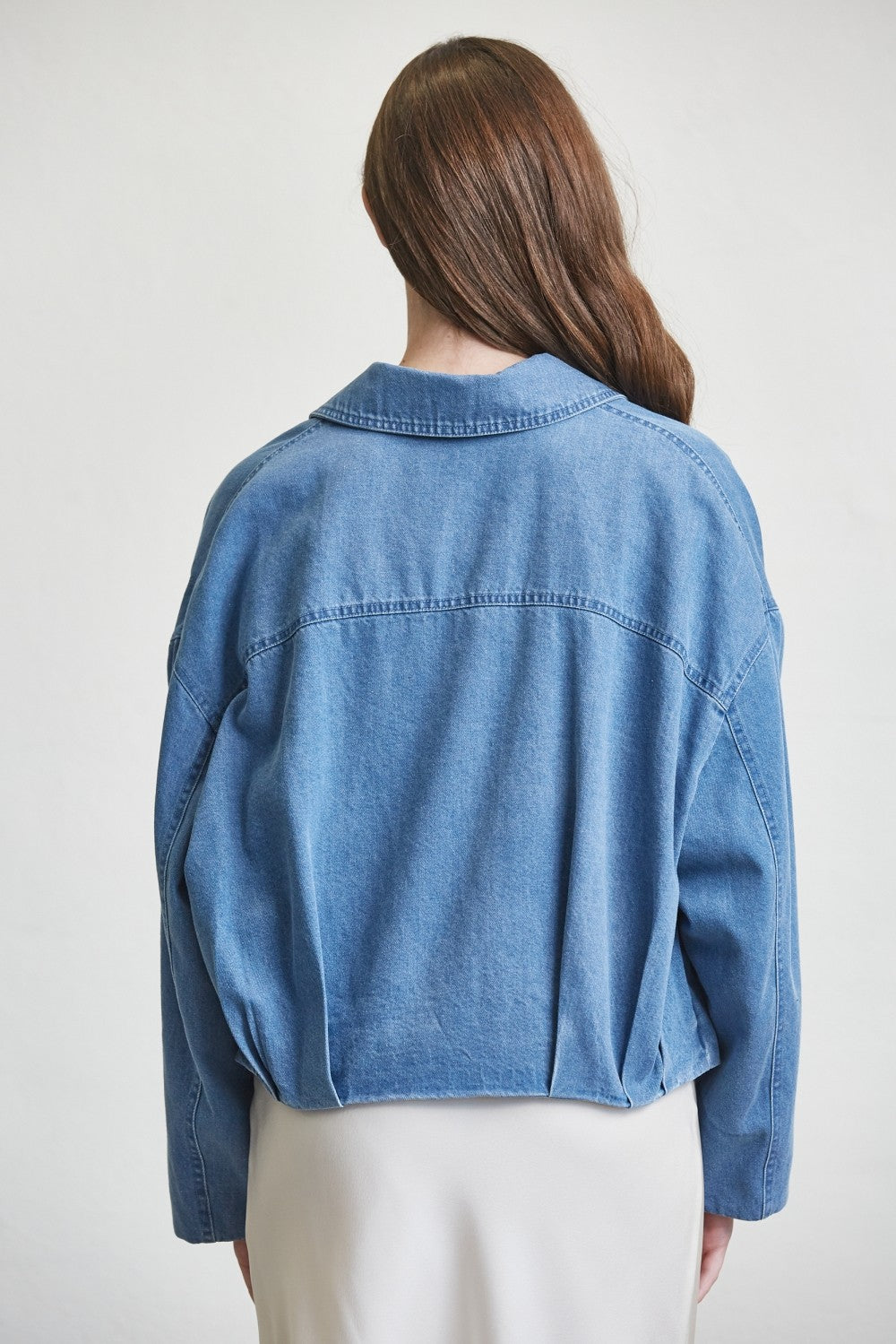 BUCKLED DENIM BOMBER JACKET
