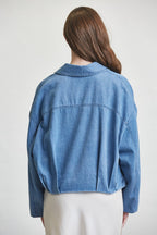 BUCKLED DENIM BOMBER JACKET