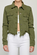 OLIVE FRAYED CROPPED FITTED JACKET