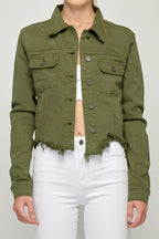 OLIVE FRAYED CROPPED FITTED JACKET