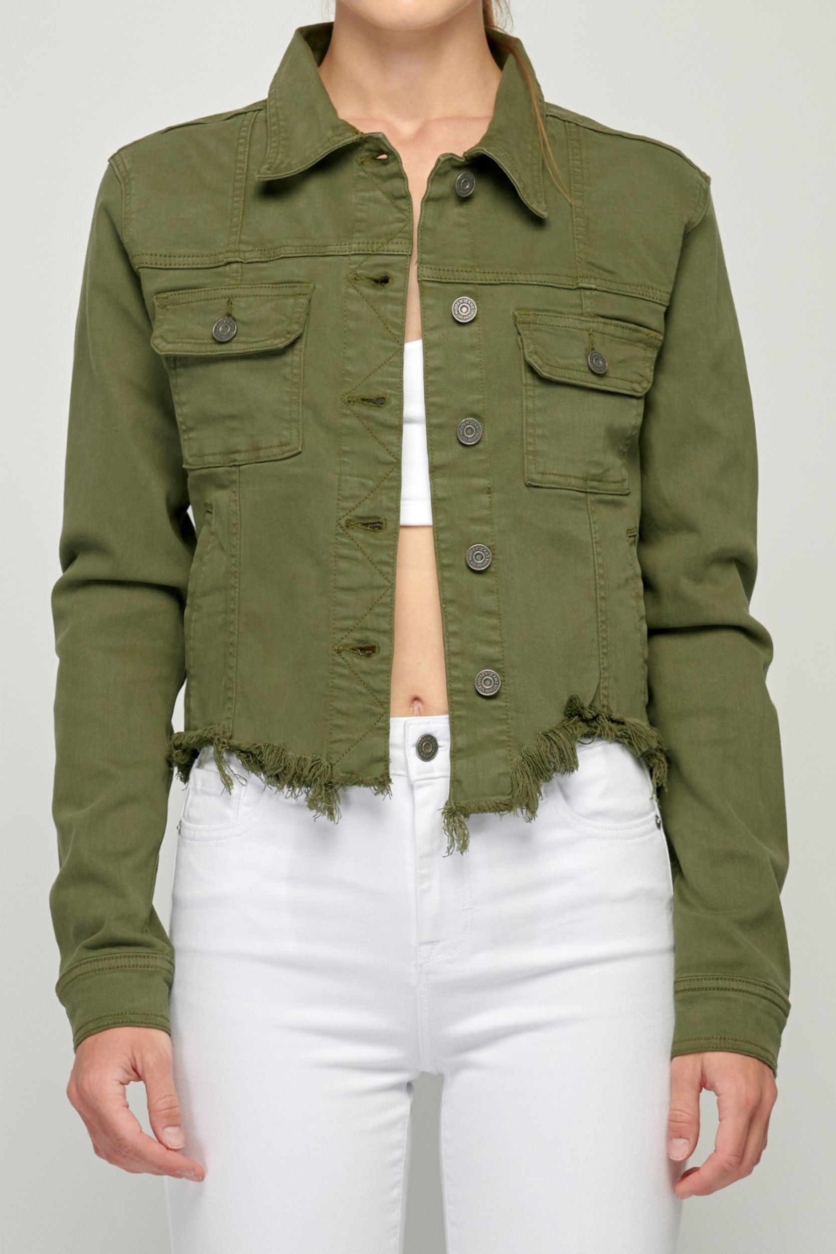 OLIVE FRAYED CROPPED FITTED JACKET