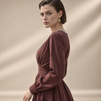 VNECK PLEATED LS MINI DRESS (WINE)
