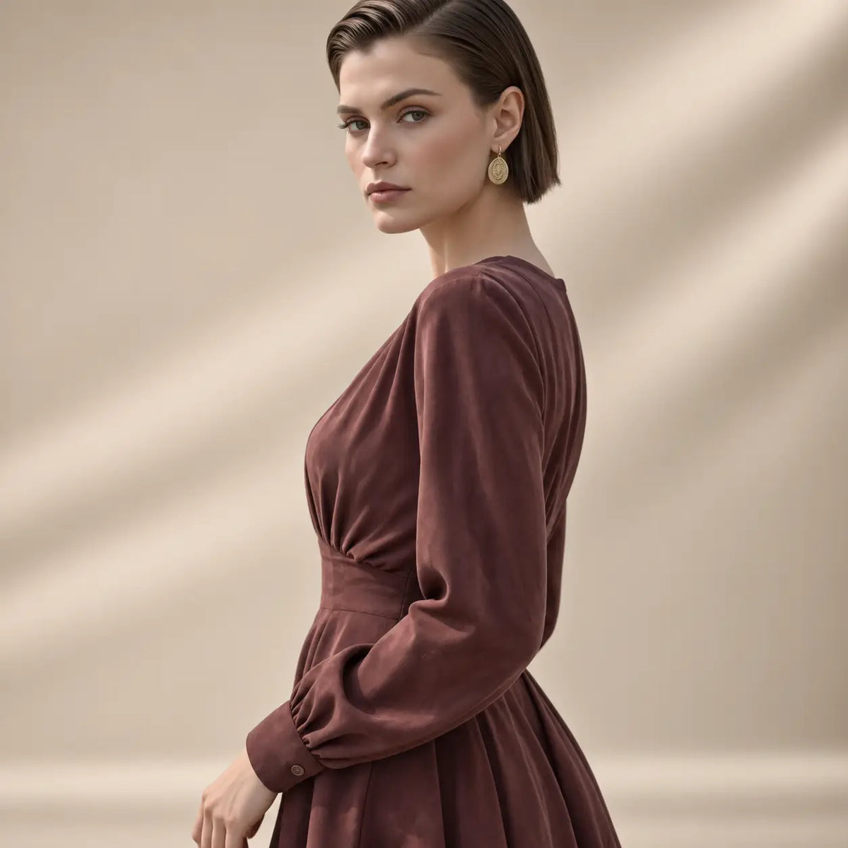 VNECK PLEATED LS MINI DRESS (WINE)