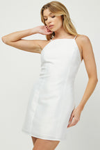 OFF-WHITE SATIN SLEEVELESS SQUARE NECK MINI DRESS