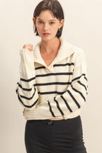 RIBBED STRIPED COLLAR CROPPED SWEATER