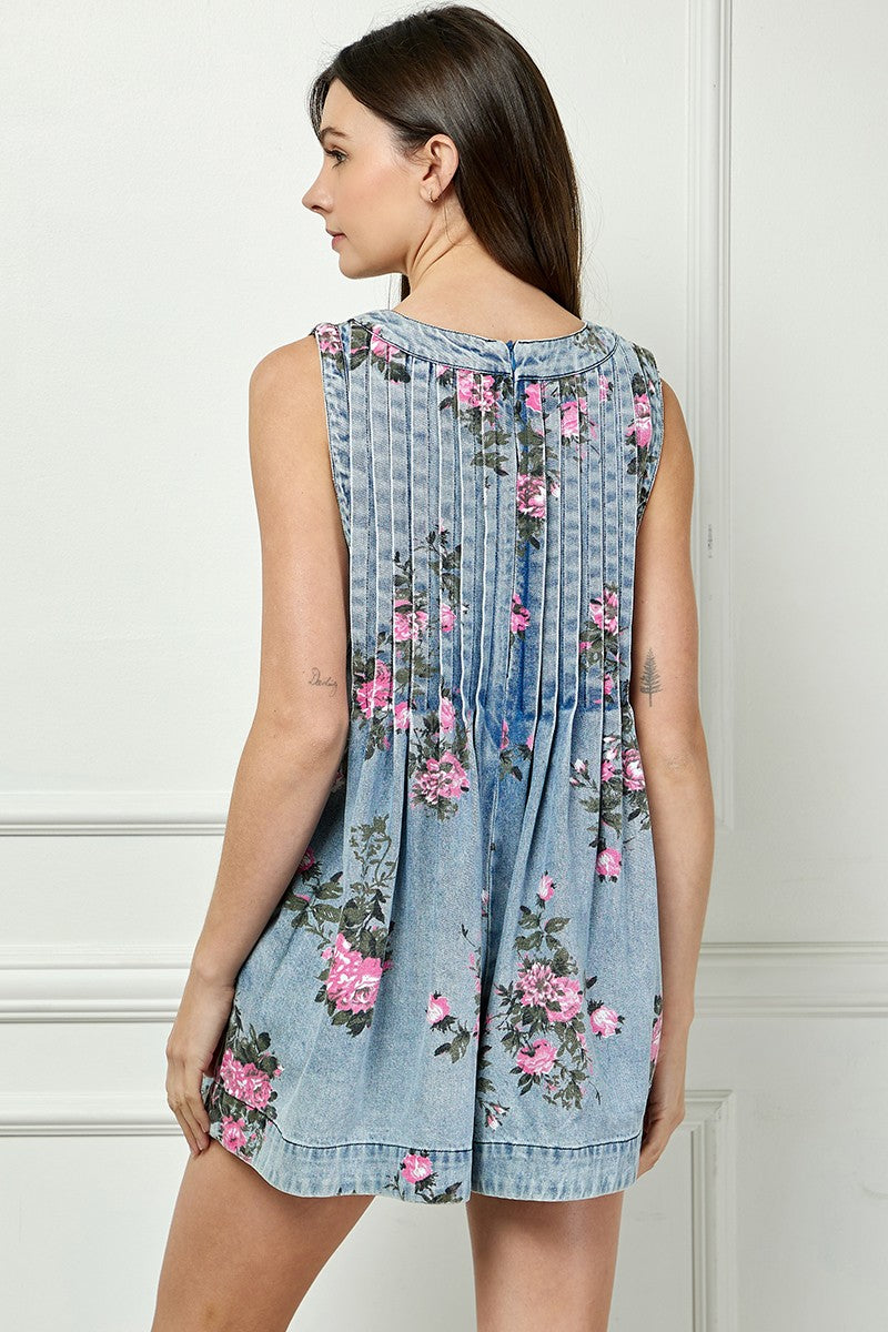 FLORAL PLEATED V-NECK DENIM ROMPER