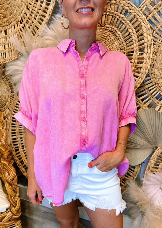 HOT PINK MINERAL WASH BUTTON DOWN