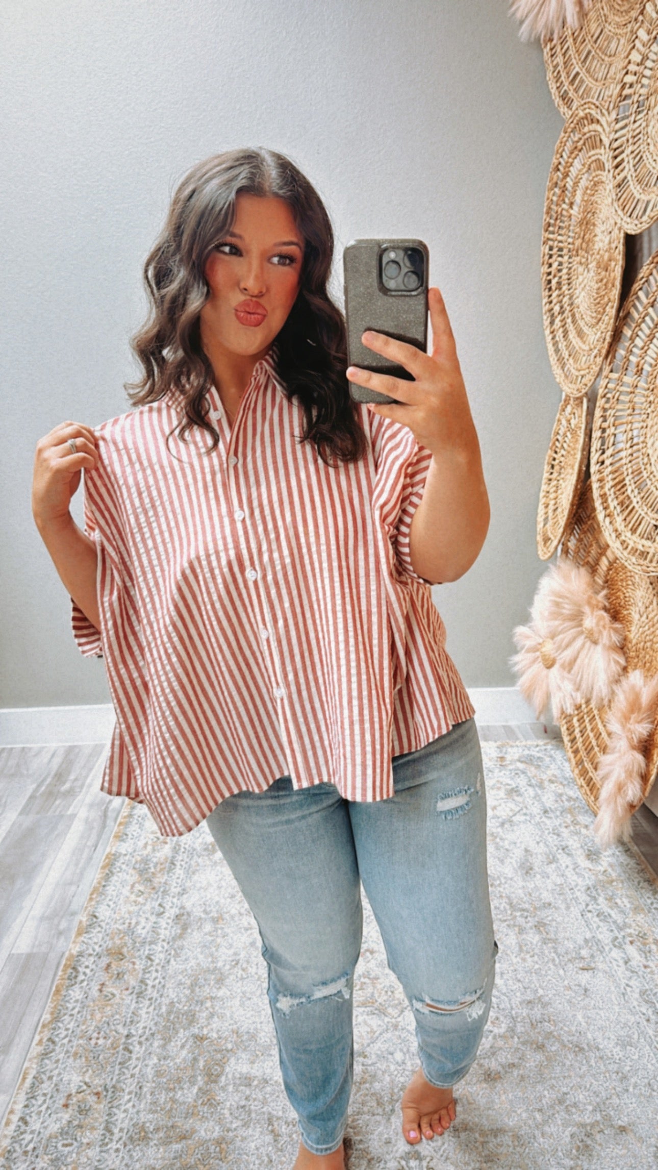 OVERSIZED BUTTON DOWN STRIPPED SHIRT RED AND WHITE