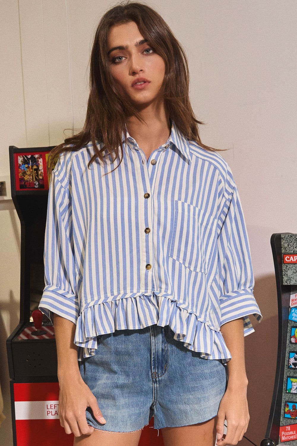 BLUE RUFFLED STRIPE BUTTON DOWN